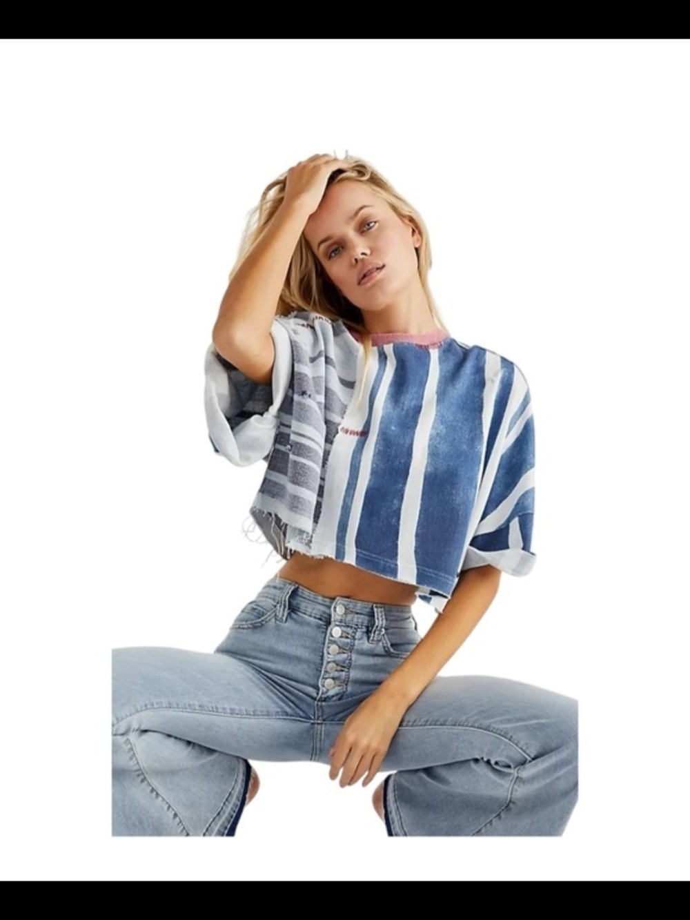 We The Free Striped Crop Top in Blue & White - Size Small
